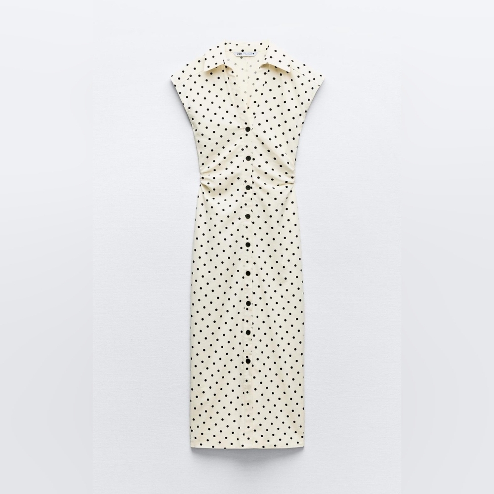 LINEN BLEND POLKA DOT MIDI DRESS